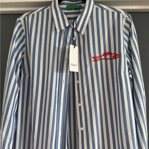 🤩 RARE Clare V Blue/White Stripe Dress w/ red embroidered sardine detail - Small - Picture 2 of 7